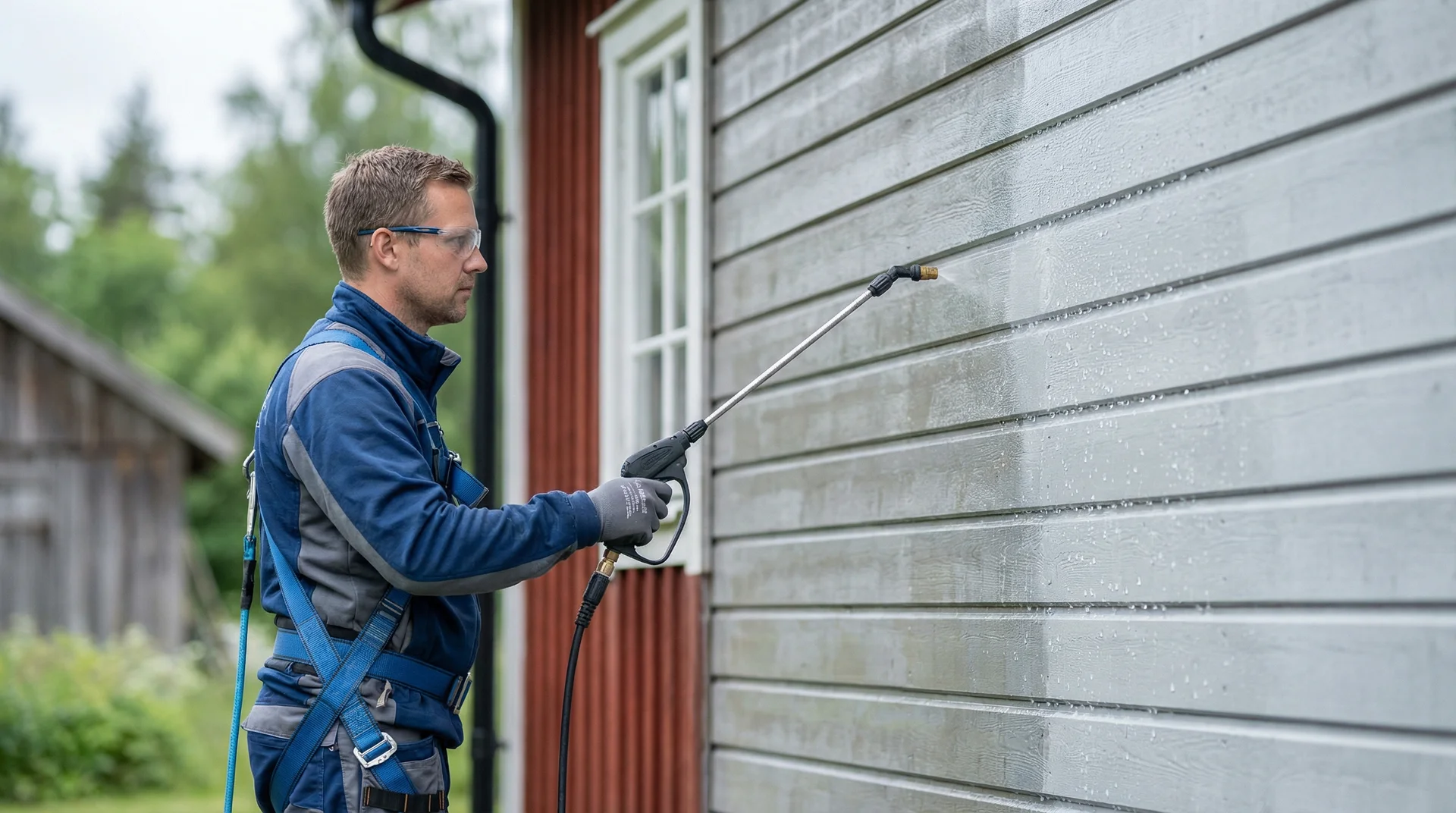 Man tvättar husvägg med högtryckstvätt utomhus.