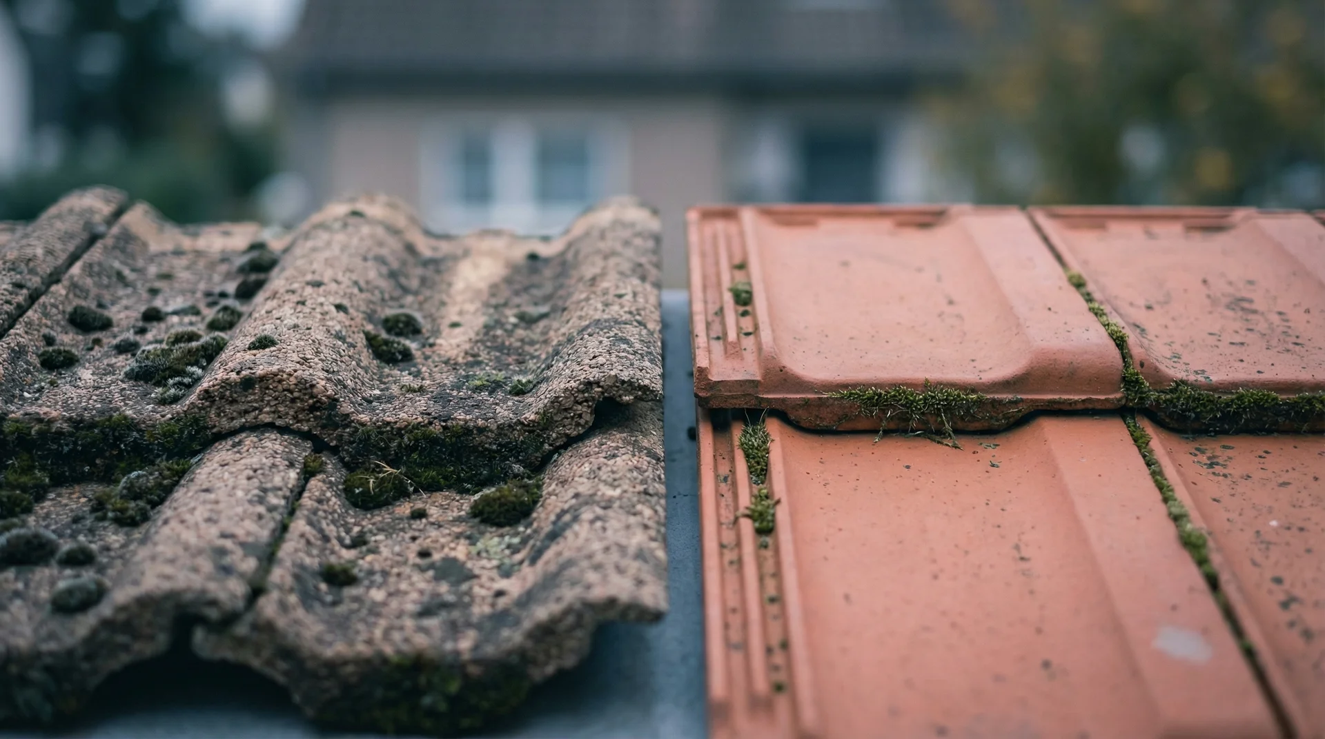 Gammal tegeltak med mossa jämte nyare röda takpannor.