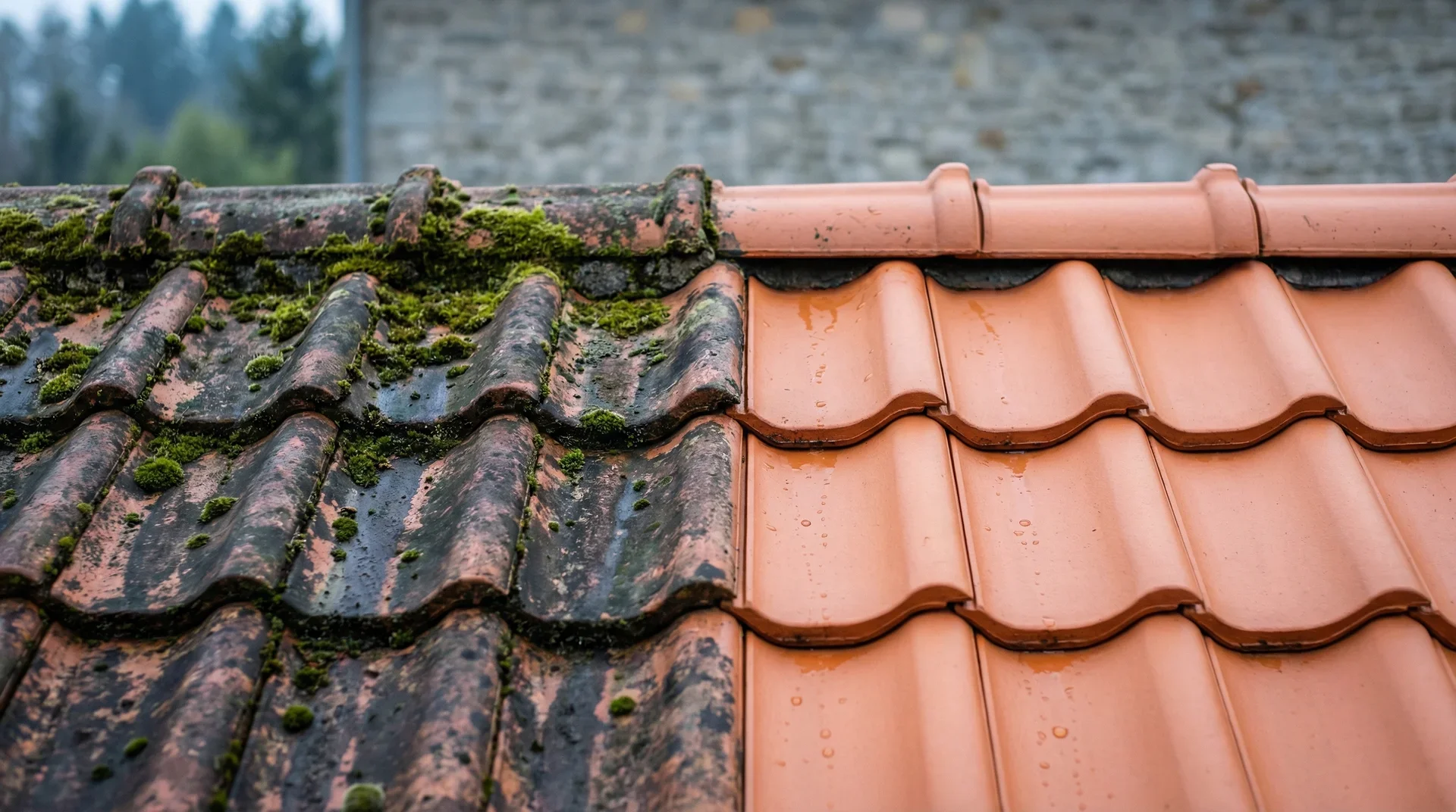 Gammalt mosstäckt tak bredvid nyrenoverat orange tegeltak med stuprör.