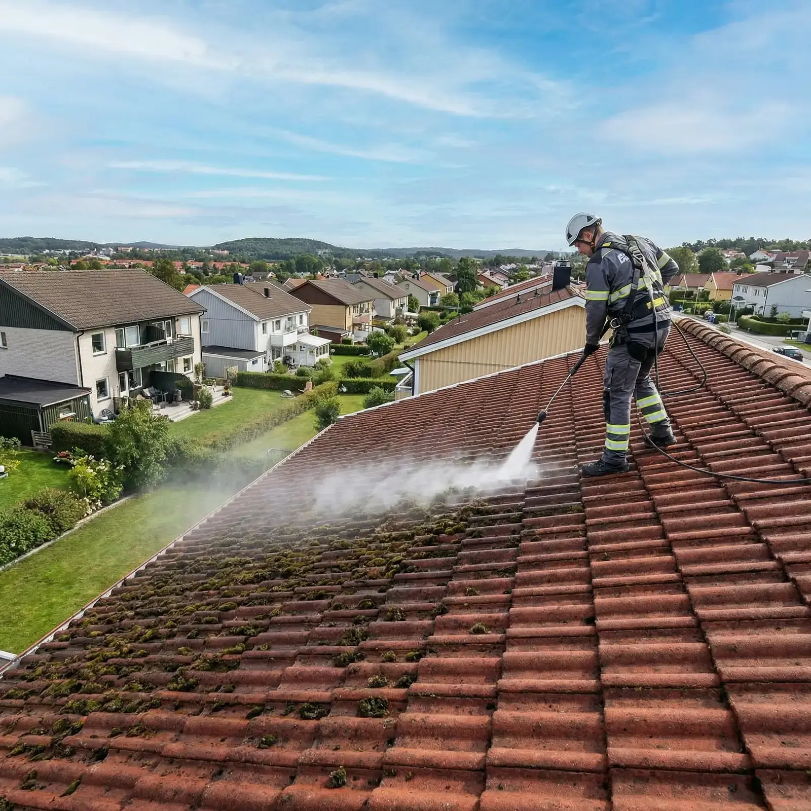 Person tvättar takpannor med högtryckstvätt på bostadshus i bostadsområde.