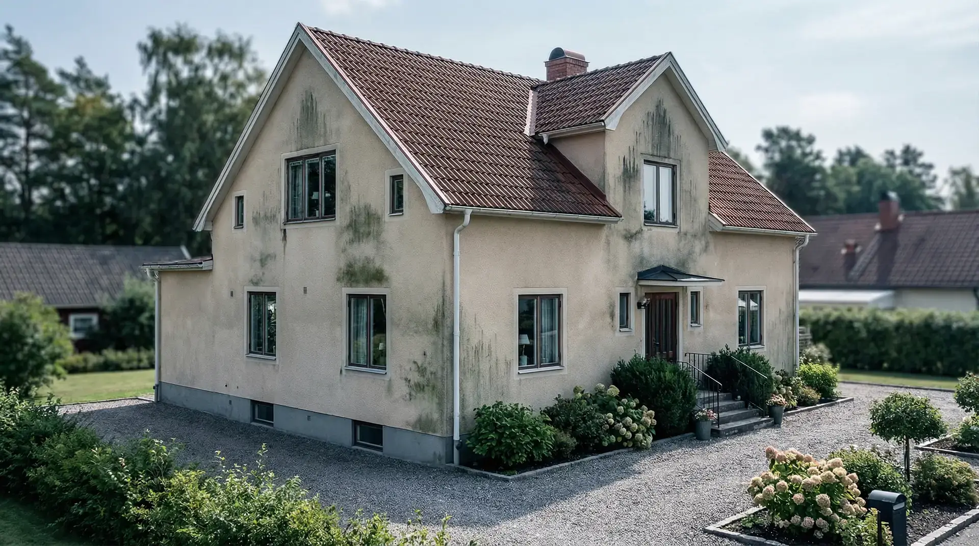 Ett vitputsat tvåplanshus med rött tegeltak och synliga fuktfläckar på fasaden.