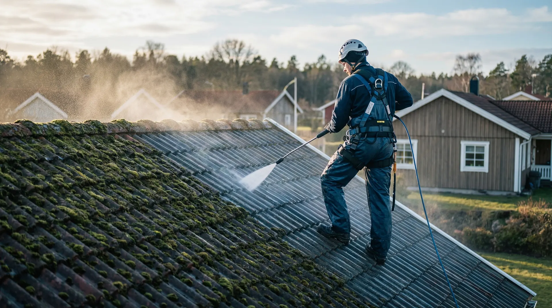 Person i säkerhetsutrustning högtryckstvätta tak med mossa på bostadshus.