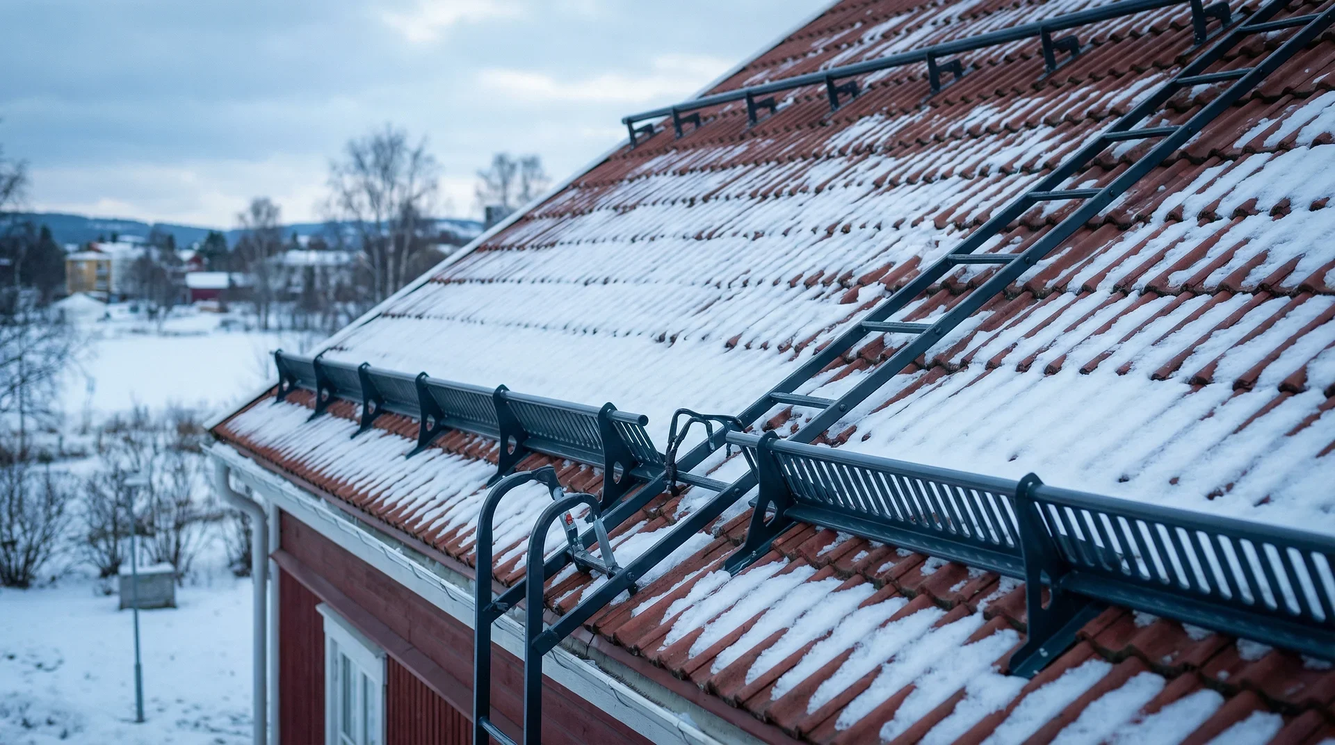 Snötäckt tegeltak med snörasskydd och stege i vinterlandskap.