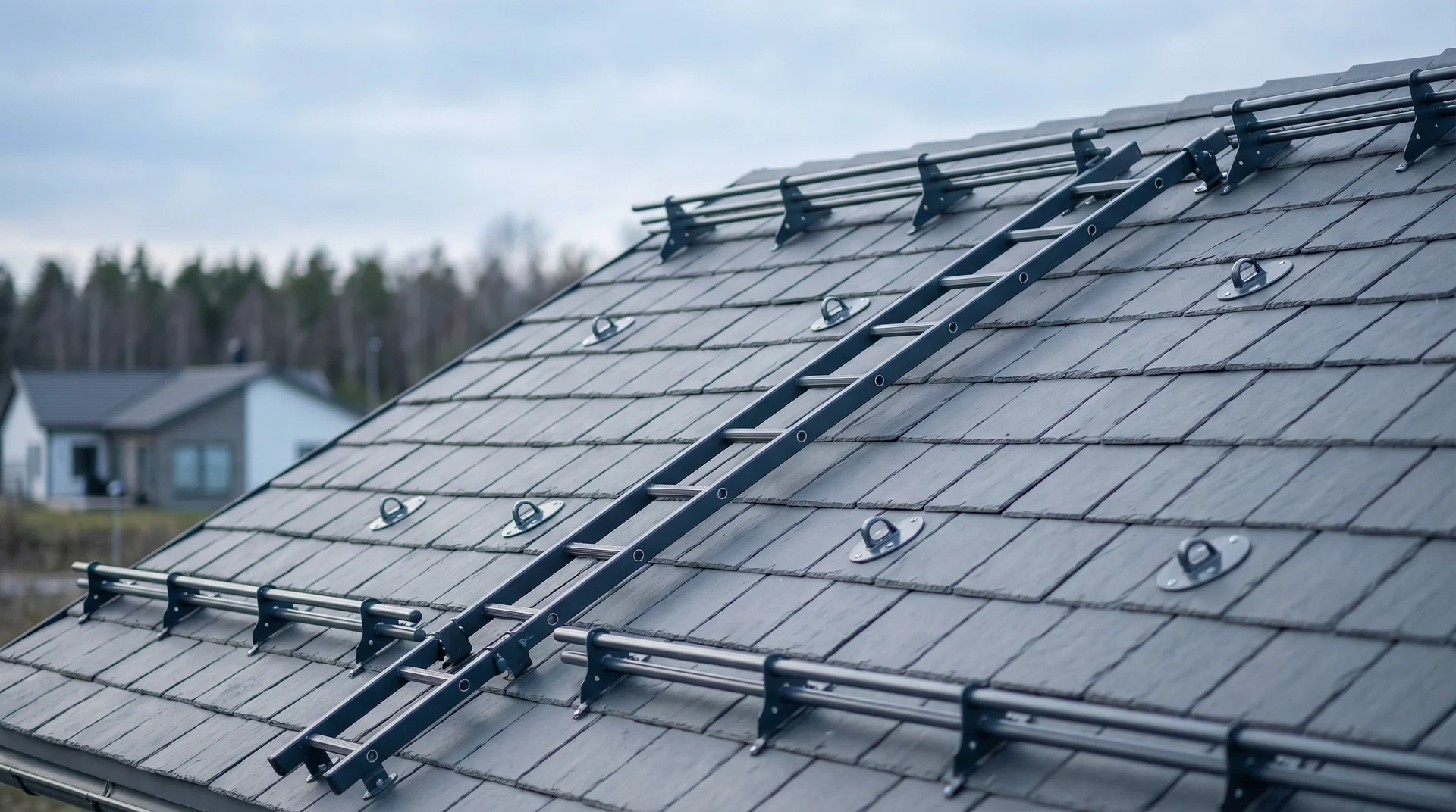 Grått taklagt tak med monteringsskenor och säkerhetskrokar för solpaneler.