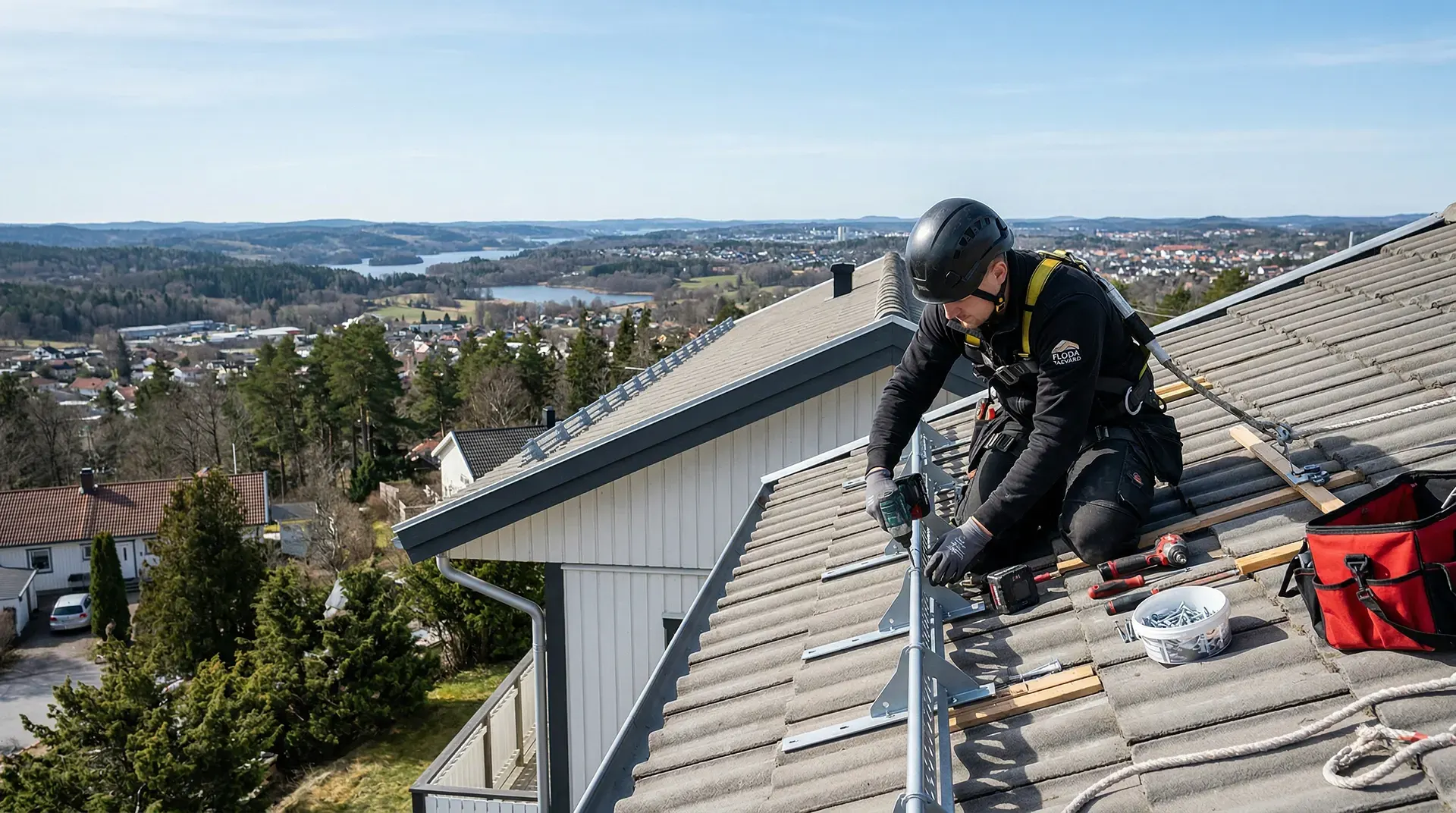 Takarbetare installerar solpaneler på tak med utsikt över landskap.
