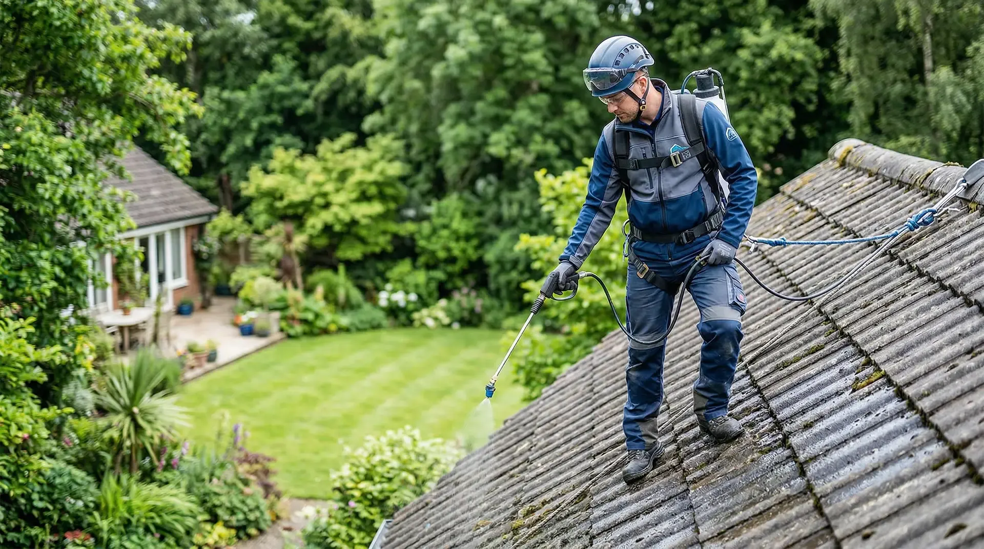 En takläggare i säkerhetsutrustning tvättar ett tegelpanntak med högtryckstvätt.
