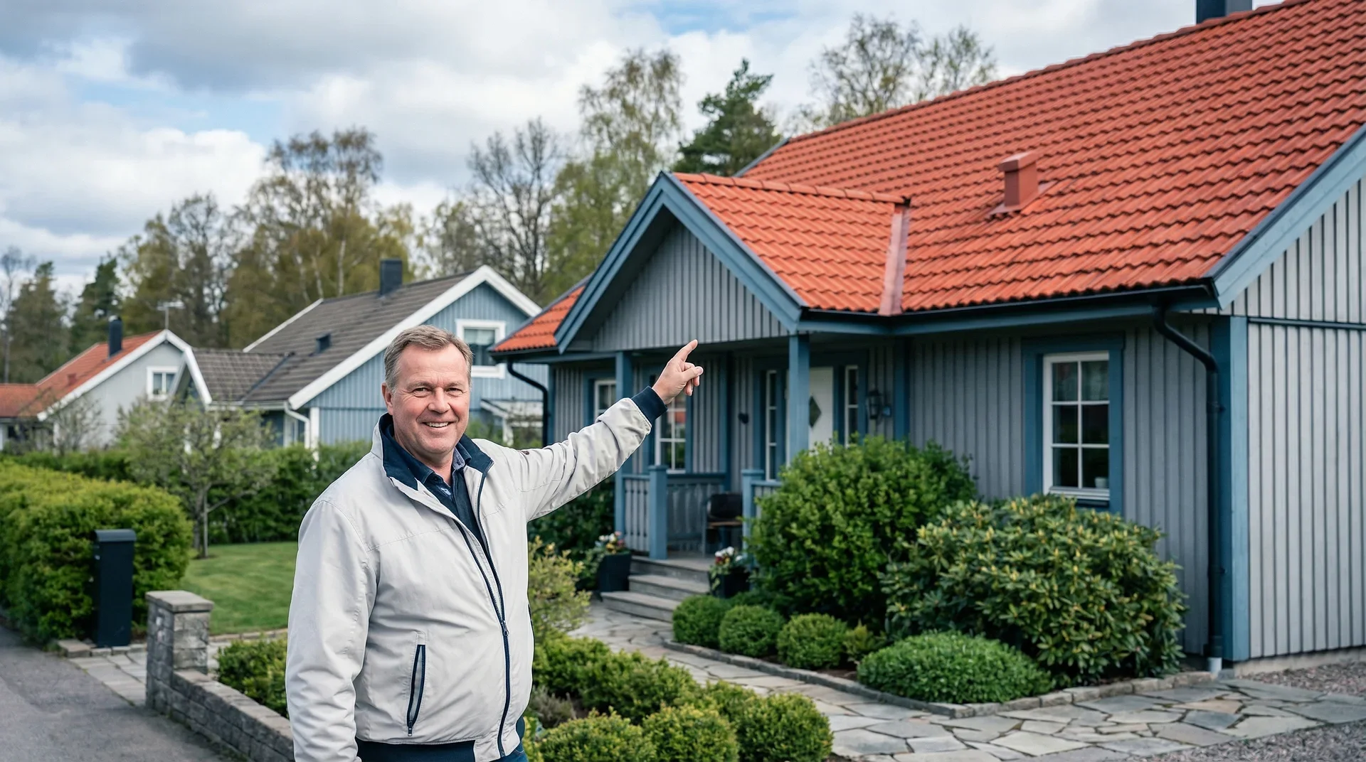 Man pekar på hus med rött tak och blå träfasad.