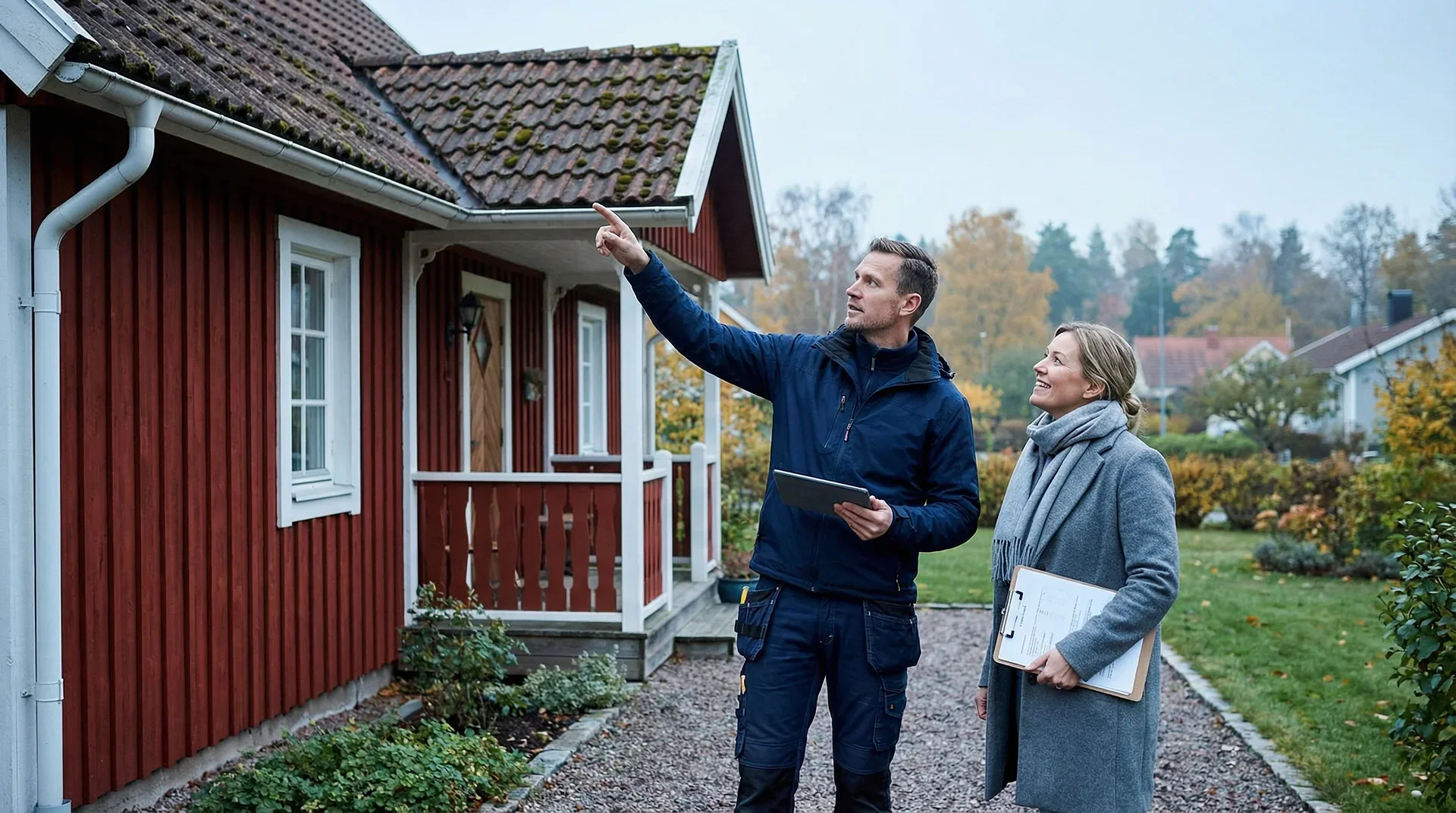 Inspektör pekar på hustak medan kund tittar på, utomhus vid rött hus.