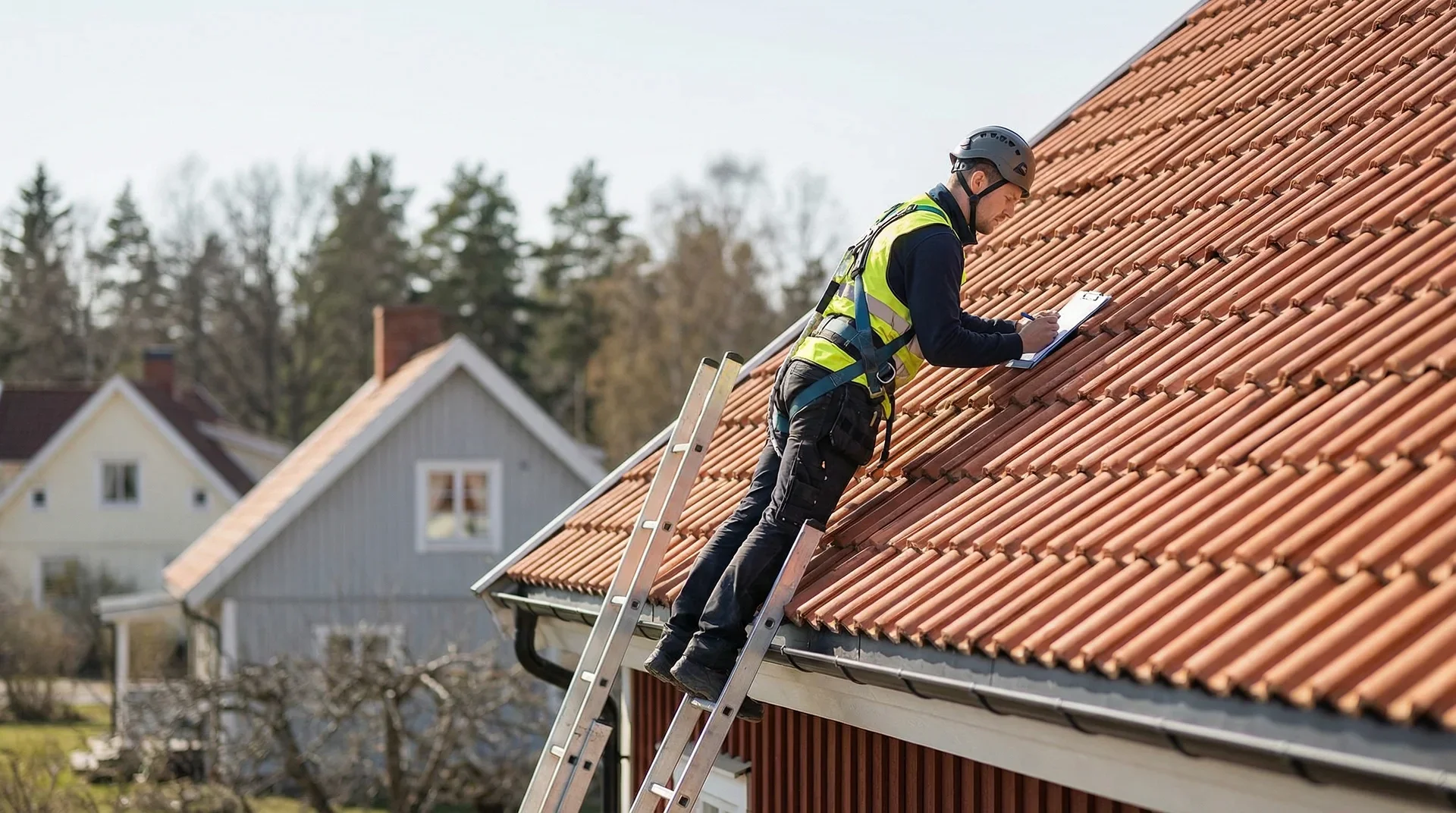 Taktekniker i skyddsutrustning inspekterar tegeltak med anteckningsblock och stege.