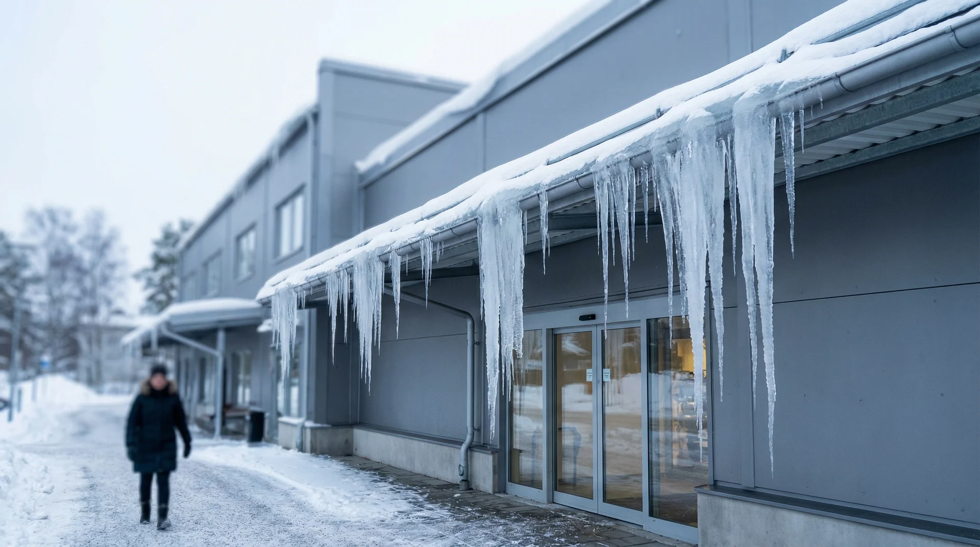 Person går förbi grå byggnad med istappar hängande från taket vintertid.