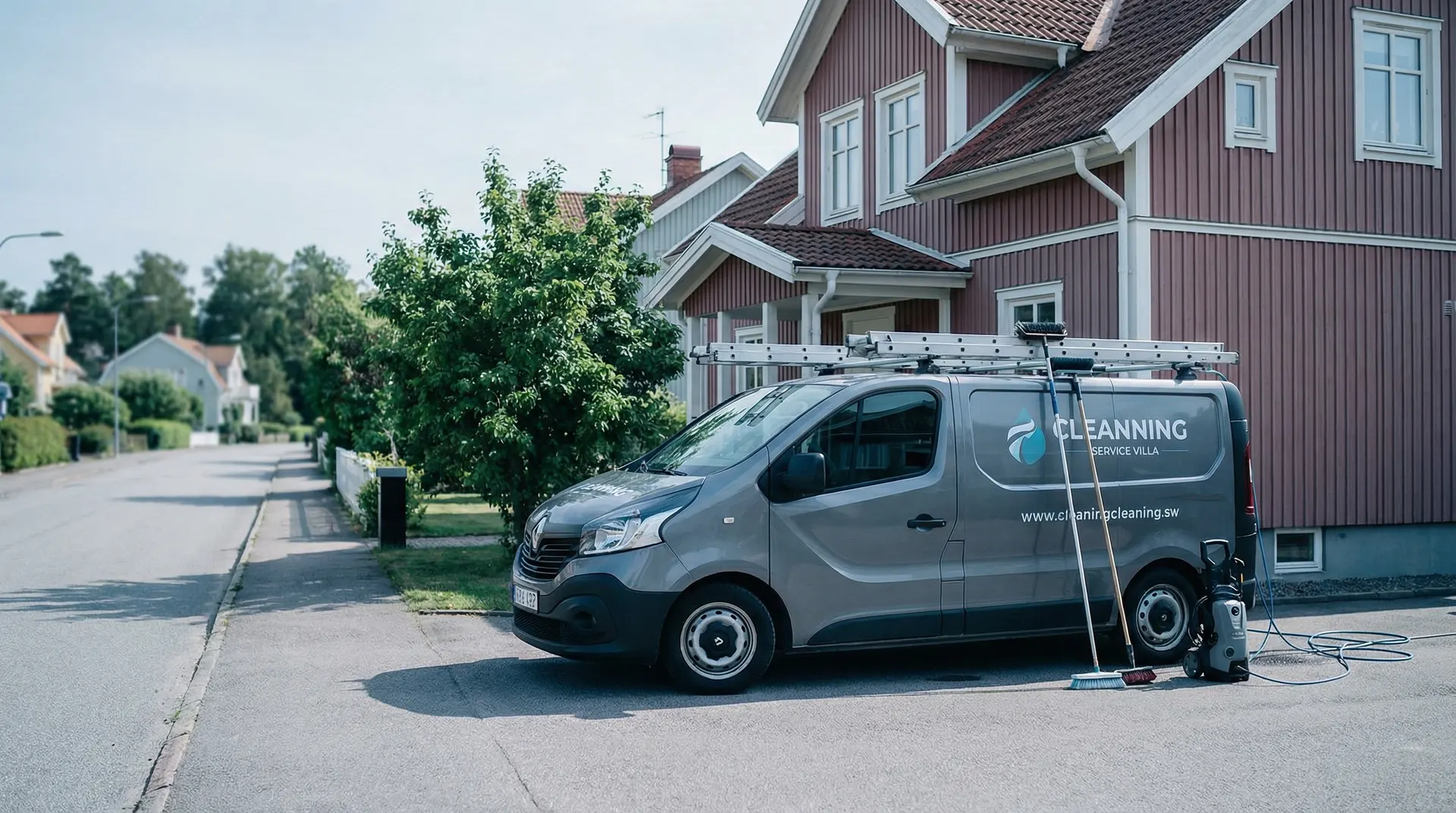 Städbil från Cleanning parkerad utanför rött trähus i bostadsområde.