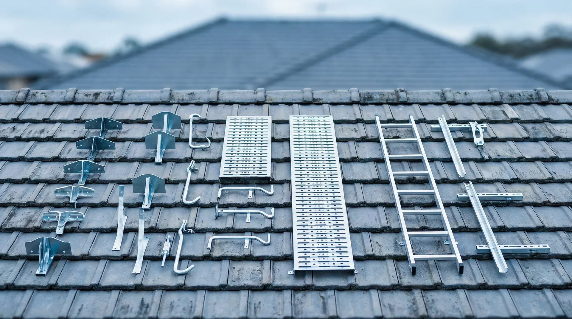 Taksäkerhetsutrustning utlagd på taktegel, inklusive stegar, krokar och gångplattor.