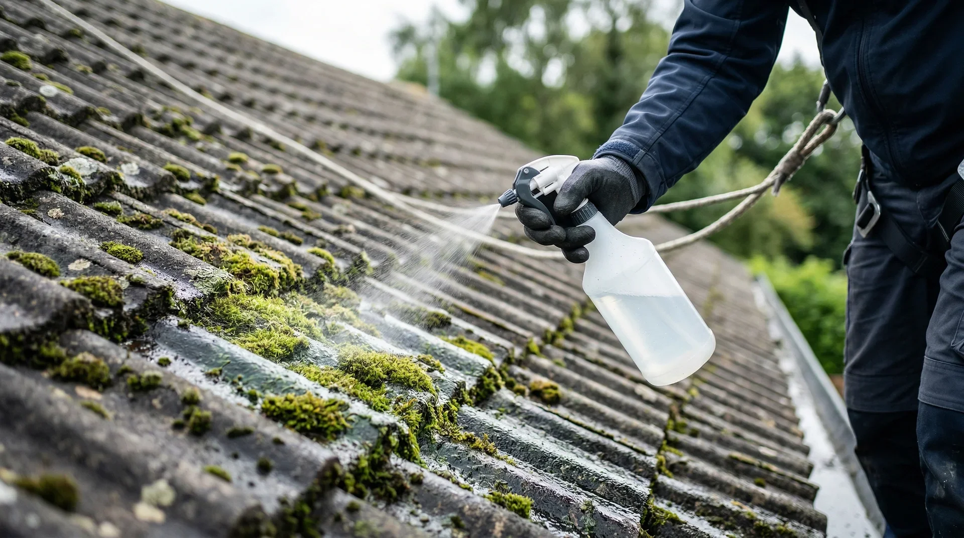 Person sprayrengör mossigt tak med högtryckstvätt från spruta.
