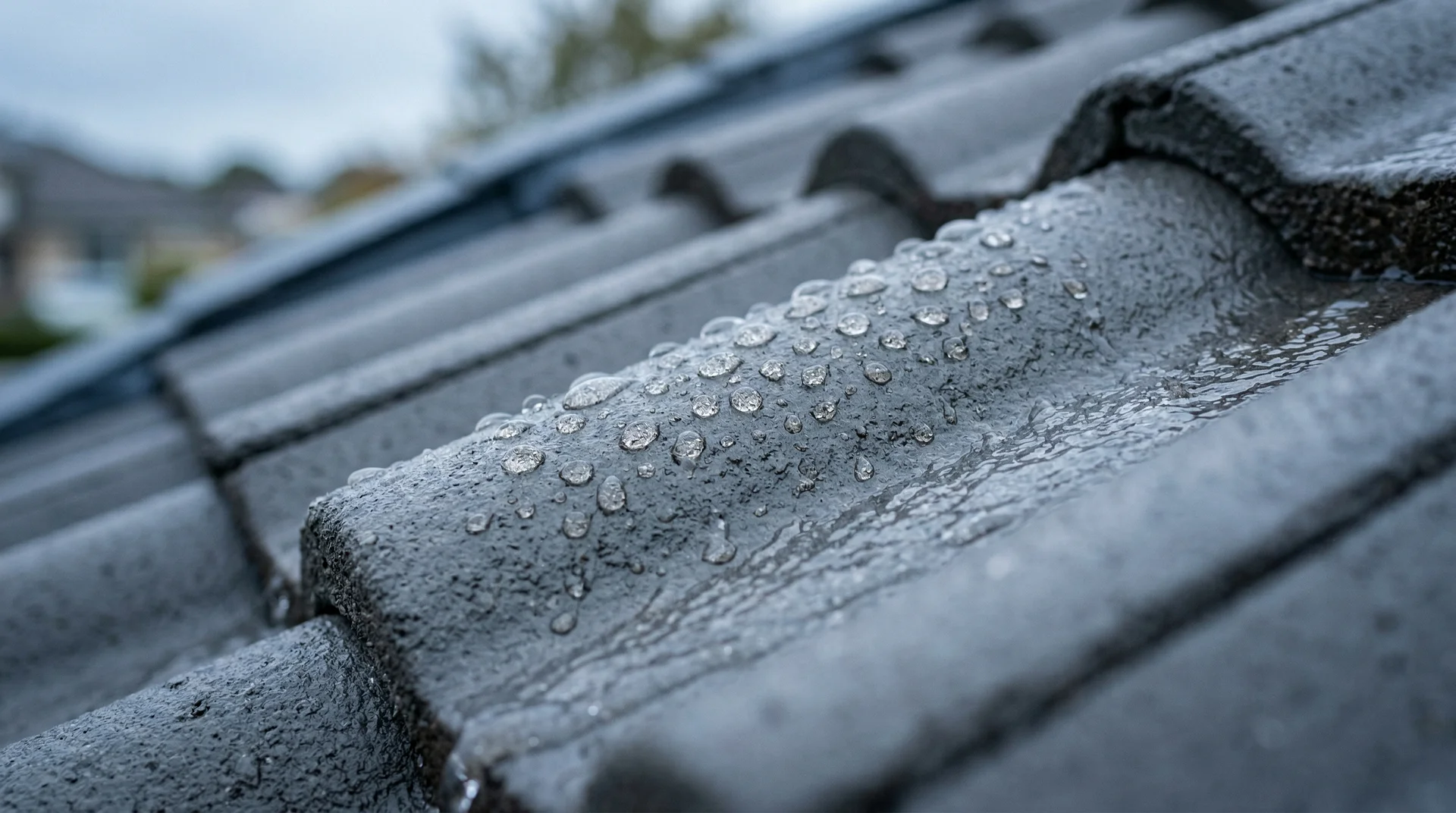 Vattendroppar på grått tak med tegelpannor i närbild.