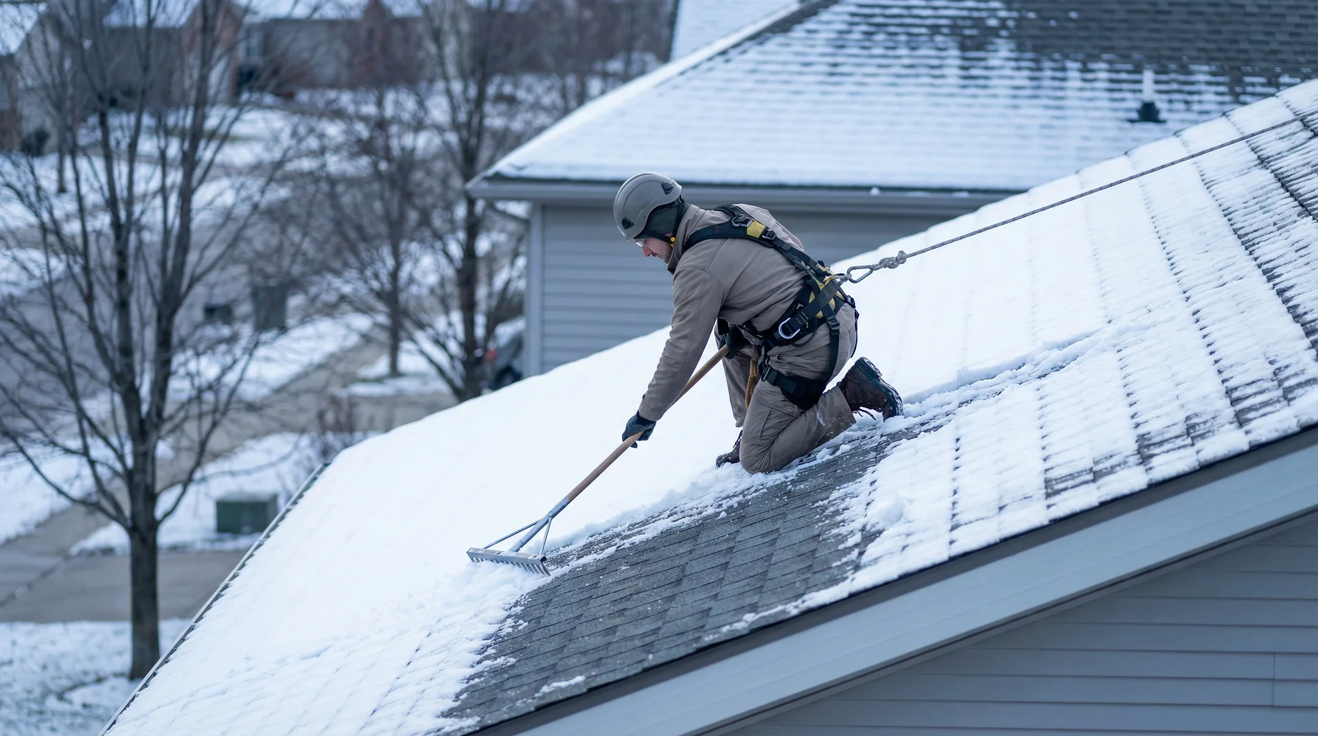 Person med säkerhetsutrustning skottar snö från tak med skyffel.