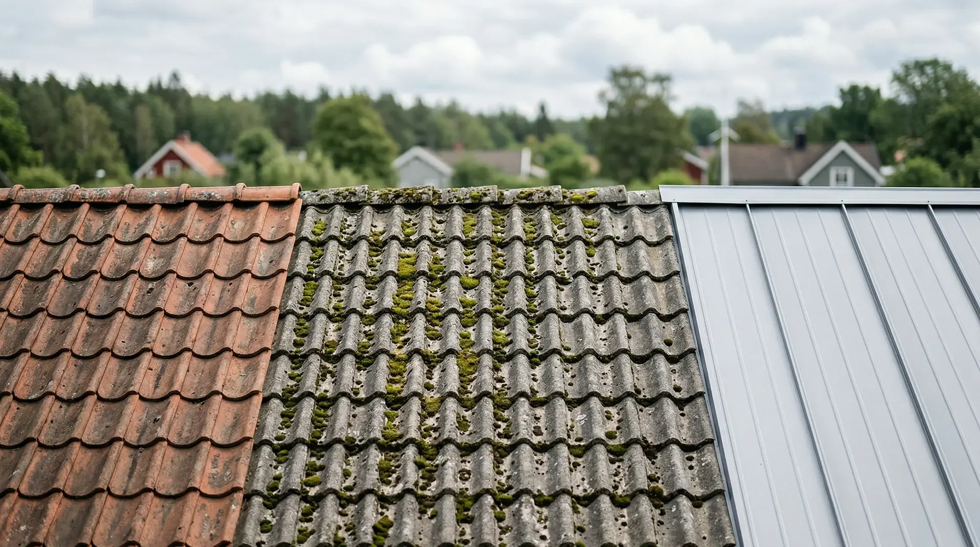 Tre taktyper i rad: tegel, mossbevuxet betongpannor och metallplåt.