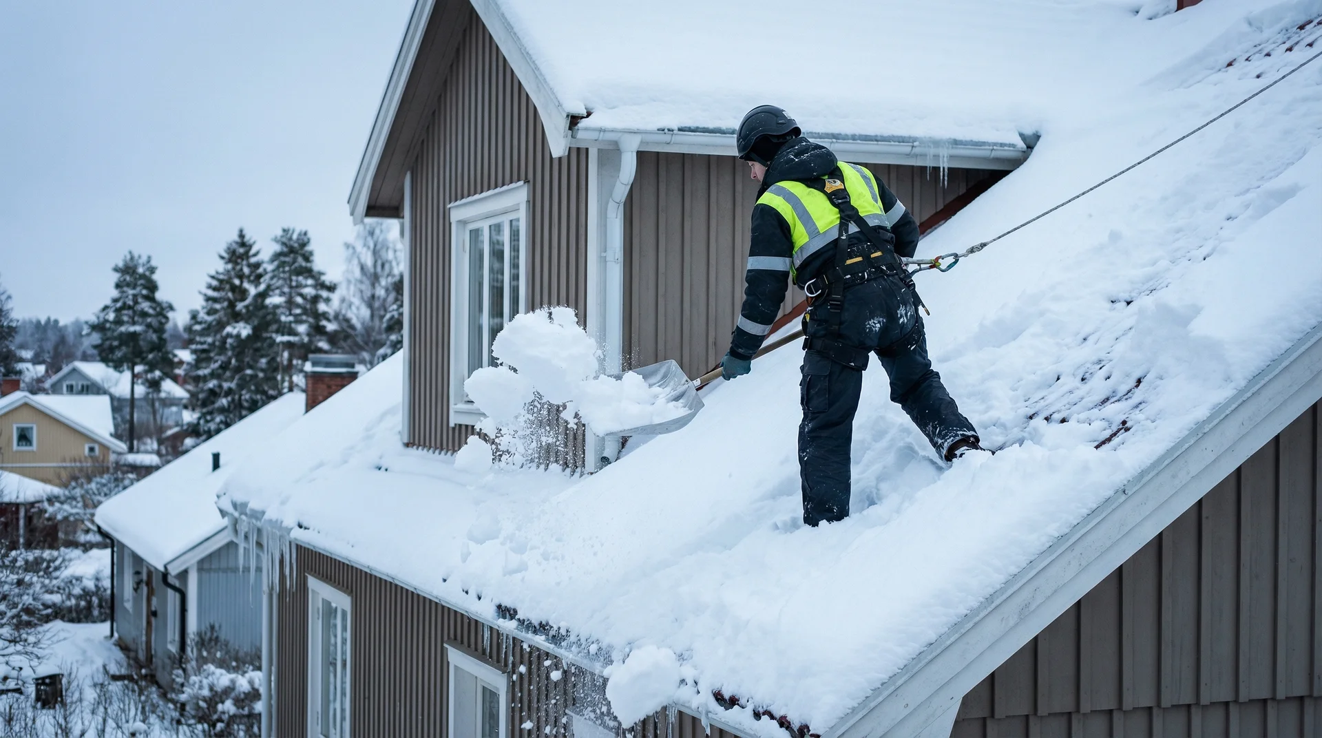Person med säkerhetsutrustning skottar snö från hustak i vinterlandskap.