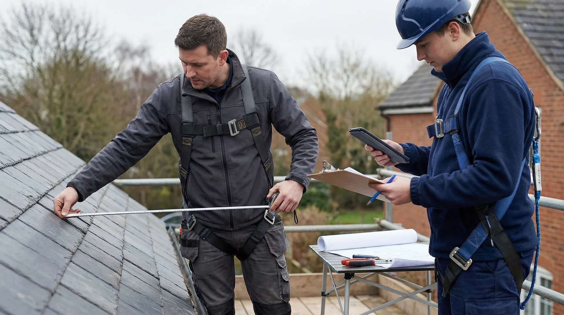 Två takarbetare mäter tak, en med måttband och en med surfplatta.