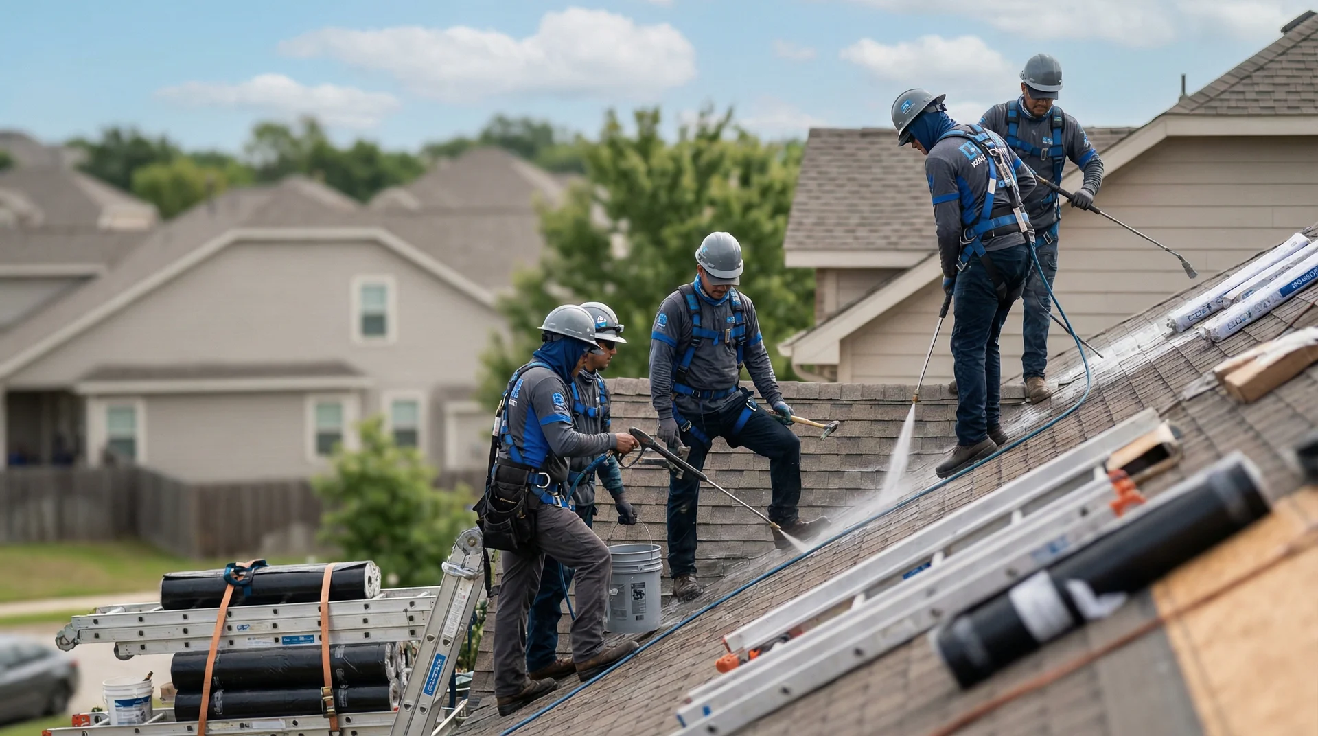 Fyra takläggare i säkerhetsutrustning arbetar på ett bostadstak.