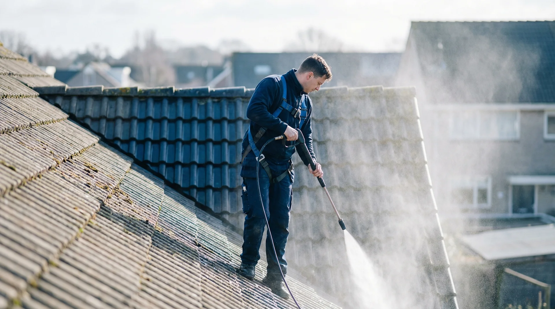 Man rensar takrännor med högtryckstvätt på takpannor.