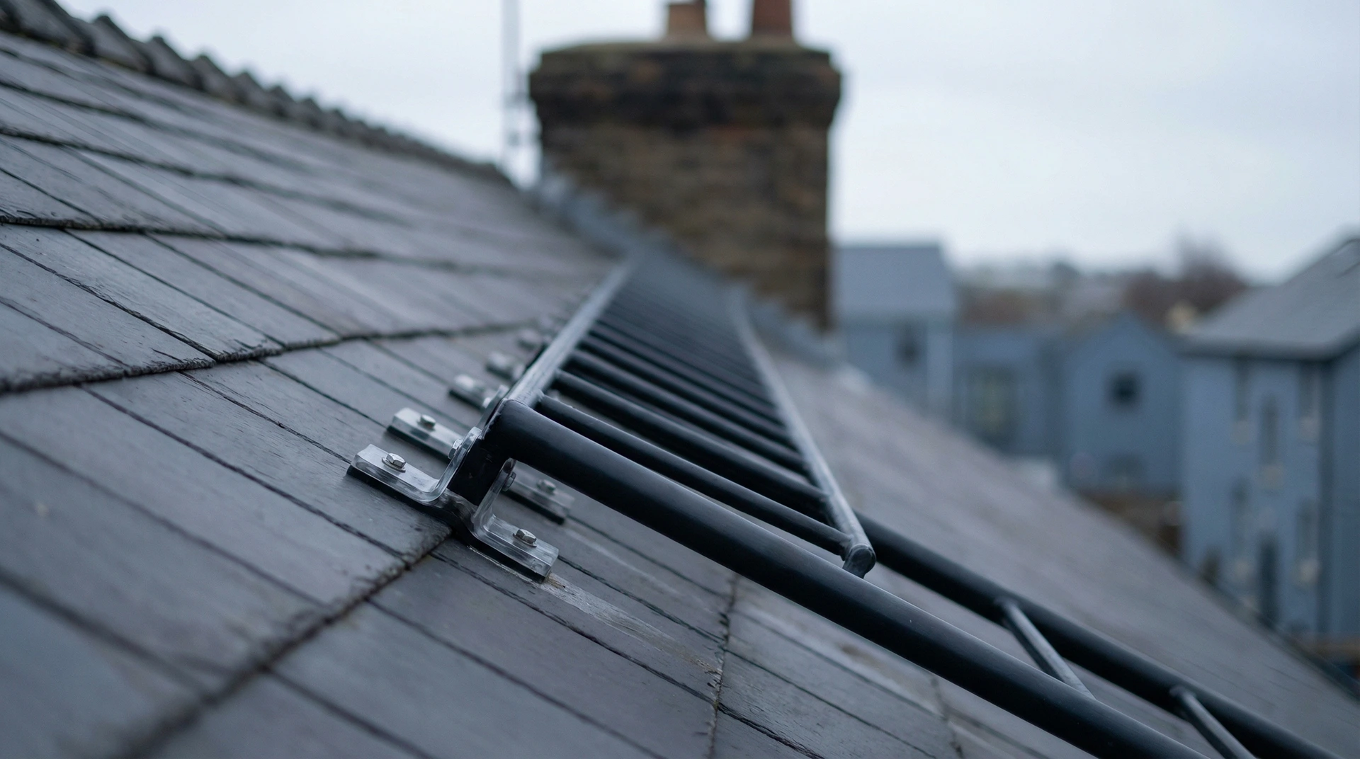 Solpaneler monterade på takpannor med skorsten i bakgrunden.